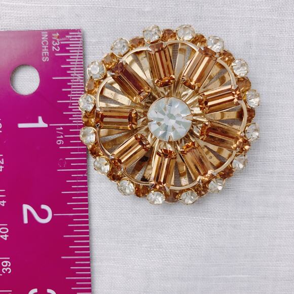 VTG 1950s Rhinestone Domed Layered Swivel Brooch Amber, Clear Stones Gold-Tone - Picture 5 of 7